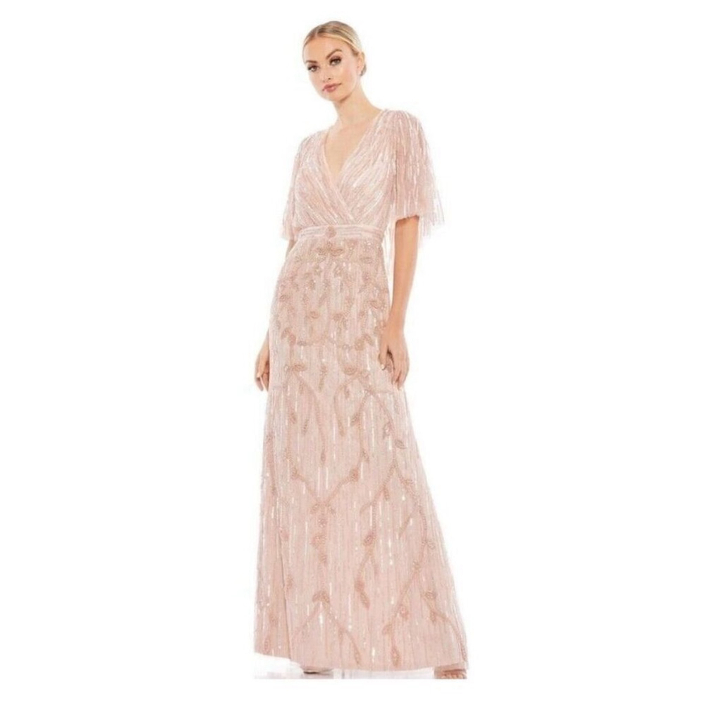 MAC DUGGAL EMBELLISHED CAP SLEEVE FAUX WRAP TRUMPET GOWN IN BLUSH 9064 SIZE 6